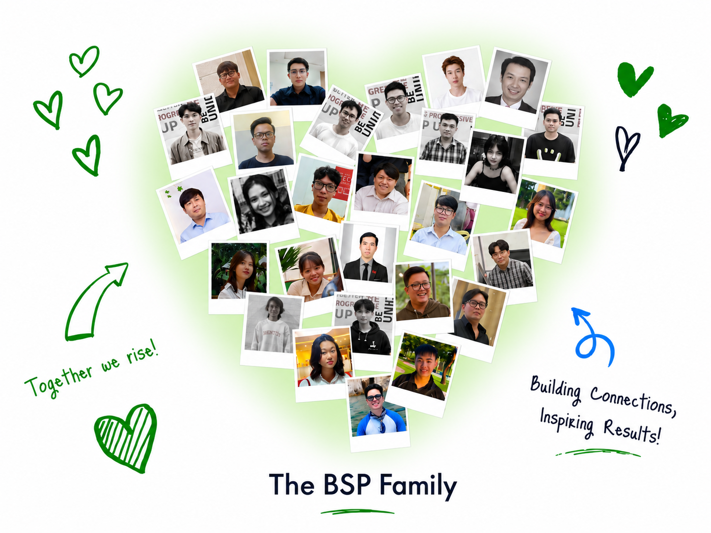 The BSP Family - a heart-shaped collage made from portraits of BSP team members