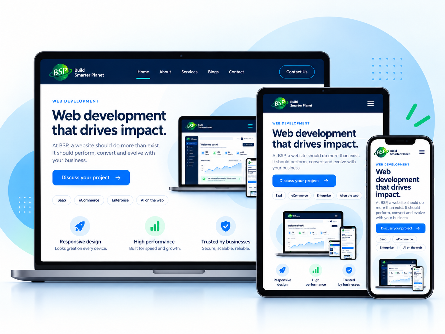BSP web page displayed on laptop, tablet and phone screens